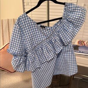 a.n.a Blue Checkered One-Shoulder Blouse